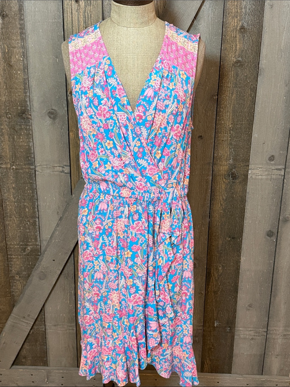Plenty by Tracy Reese Cottagecore Floral Faux Wrap Dress Pink Blue Sleeveless